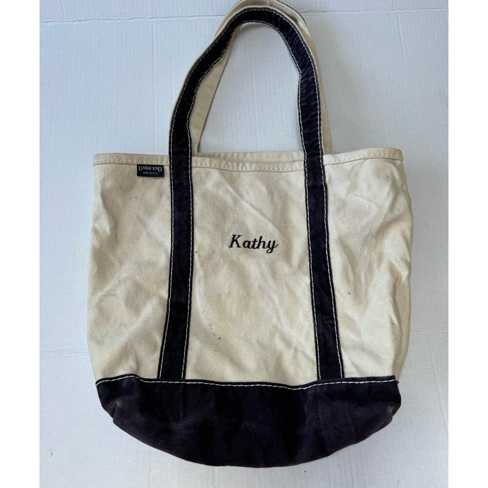 Vintage LANDS END Canvas Tote Bag Ivory Navy Blue USA Kathy Monogram